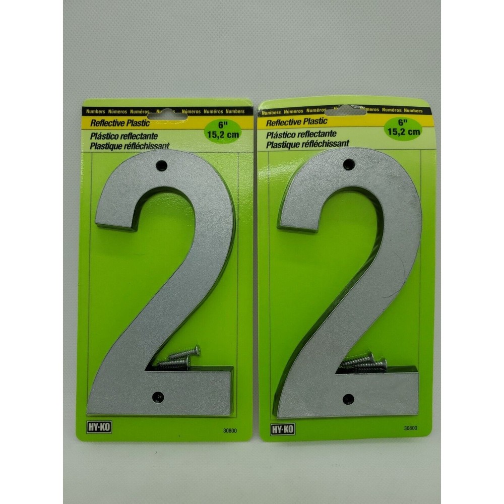 Lot of 2 Hy-Ko Address Number #2 Plastic Reflective Silver 6" 30800